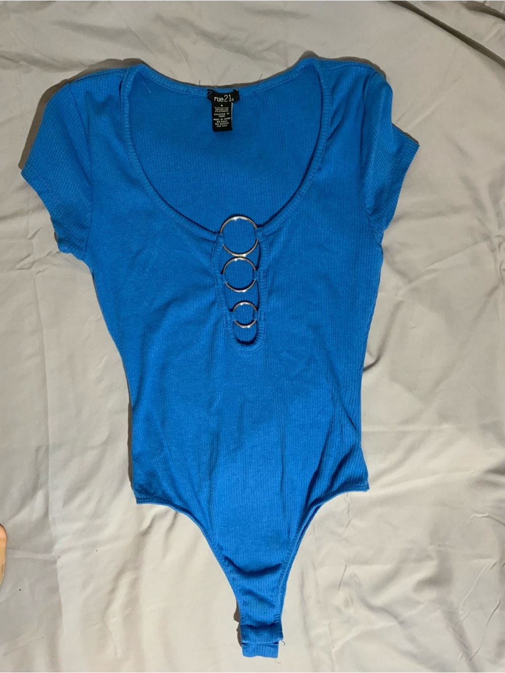 Rue21 Women’s Blue Ribbed Ring-Detail Bodysuit - S - NWOT